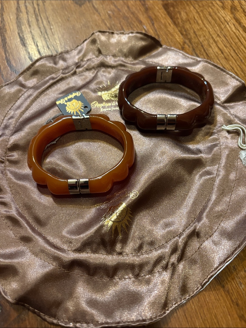 Carved Resin Hinged Bangle Bracelet either Amber and Dark Brown